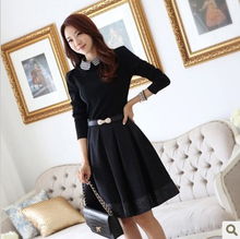 春季新款韓版修身連衣裙娃娃領(lǐng)長(zhǎng)袖氣質(zhì)連衣裙
